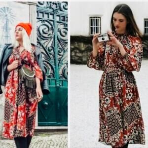 ZARA Metallic Red & Gold Floral Holiday Midi Dress – Medium